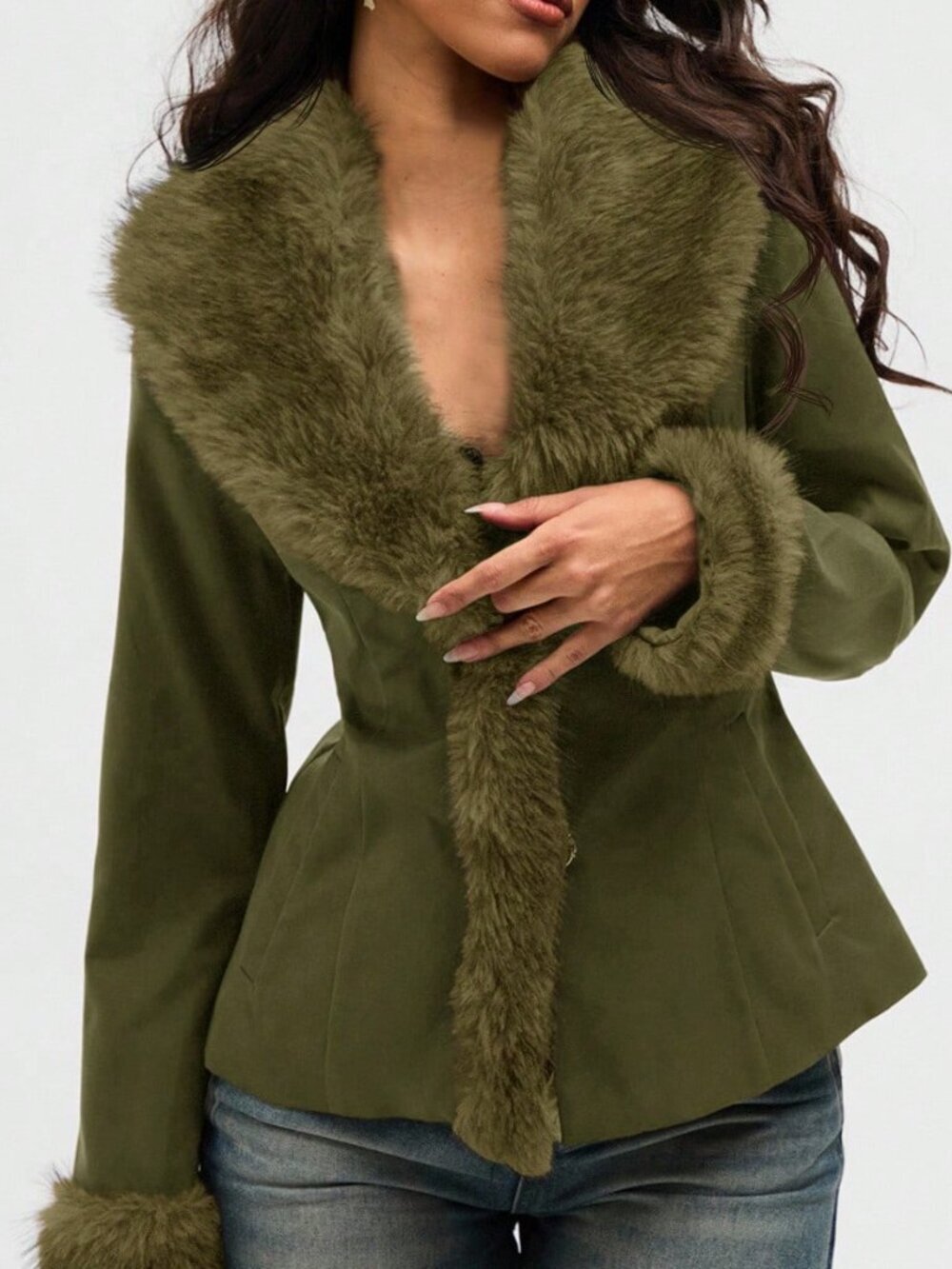 Army Green Elegant Women's Faux Fur Collar Long Sleeve Regular Jacket
